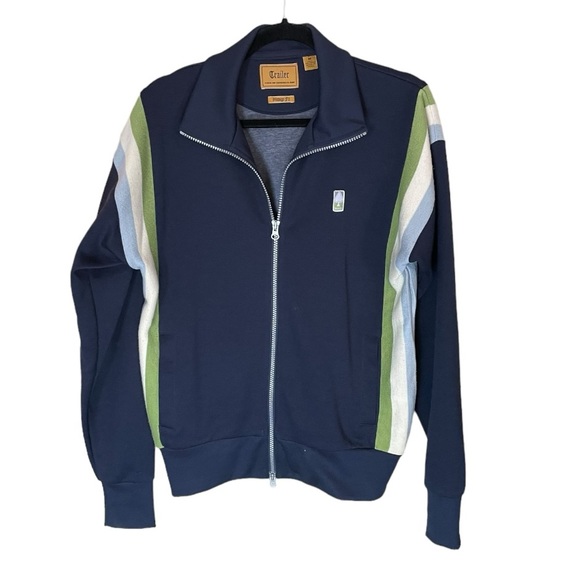 Trailer Vintage Fit Navy with Green White Blue Stripes Down Sides Double Zip Med - Picture 1 of 8